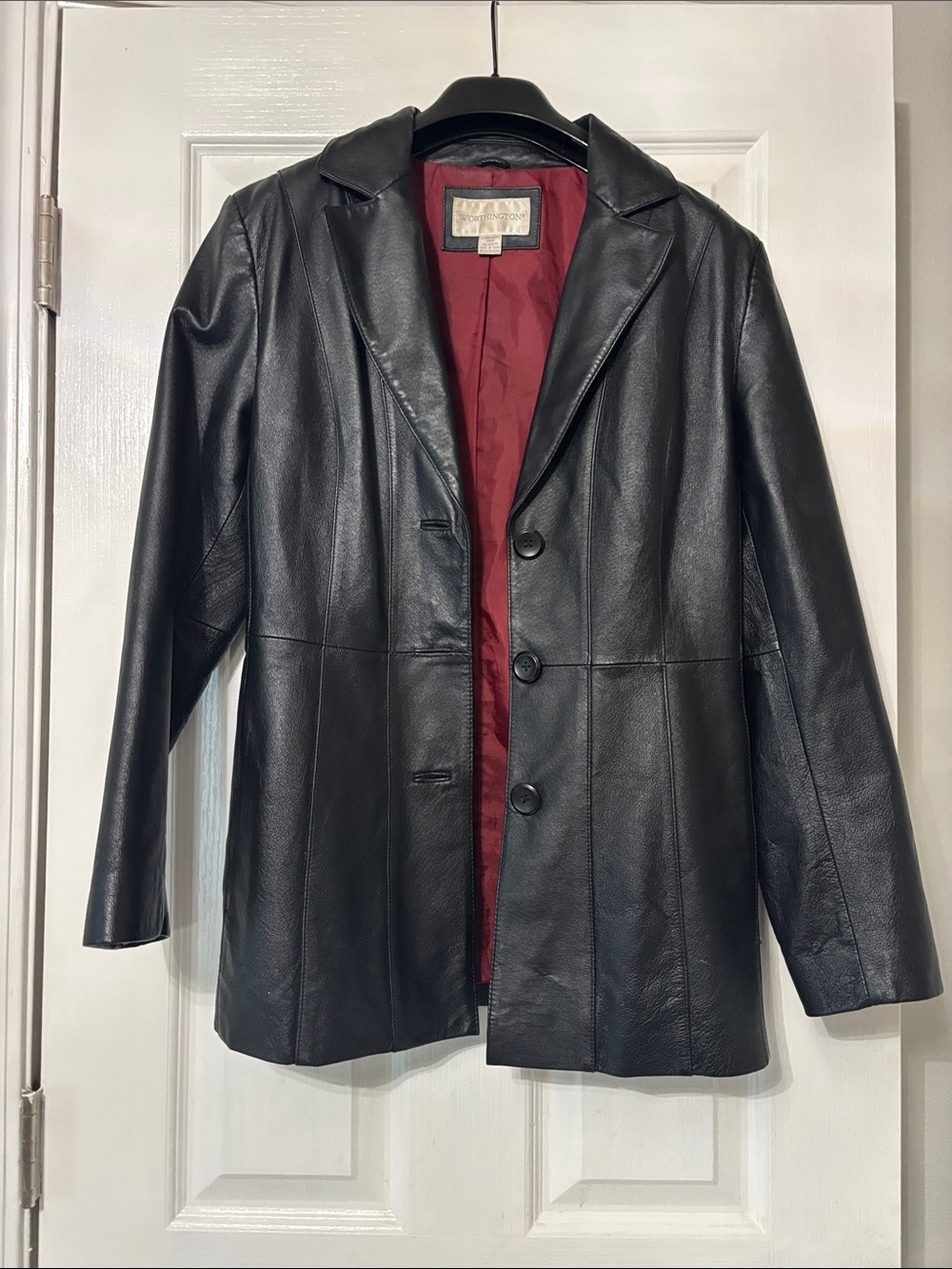 Worthington Black Leather Blazer Jacket with Burgundy Lining